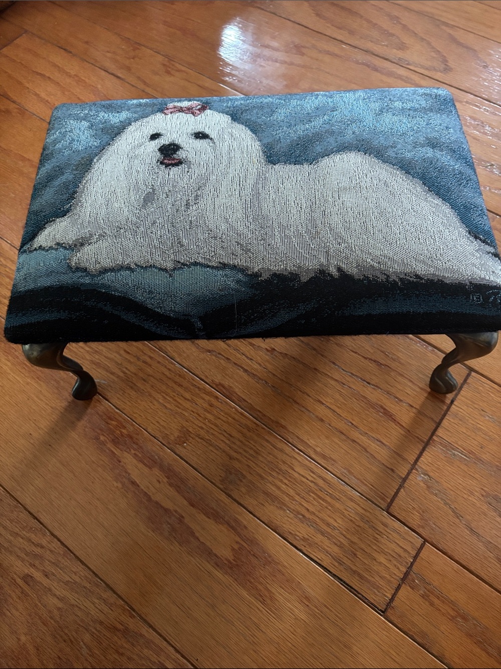 Textured Needlepoint “like” Stool with White Maltese Dog Motif